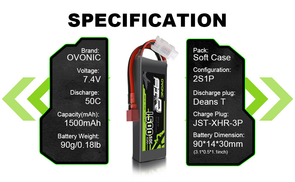 2×OVONIC 2S Lipo Battery Pack 1500mAh 50C 7.4V with Dean Plug for RC Airplane