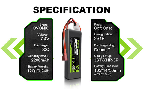 2×OVONIC 2S LiPo Battery Pack 2200mAh 50C 7.4V with Deans Plug for RC Crawler RC Truck FPV Drone