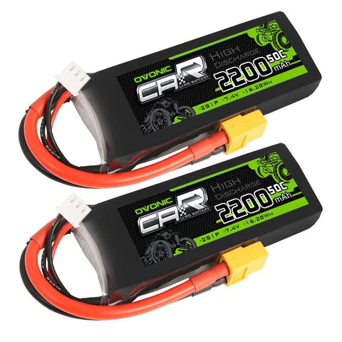 2×OVONIC 7.4V 2200mAh 2S1P 50C Lipo Battery with XT60 & Trx Plug
