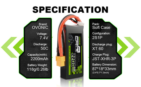 2×OVONIC 7.4V 2200mAh 2S1P 50C Lipo Battery with XT60 & Trx Plug