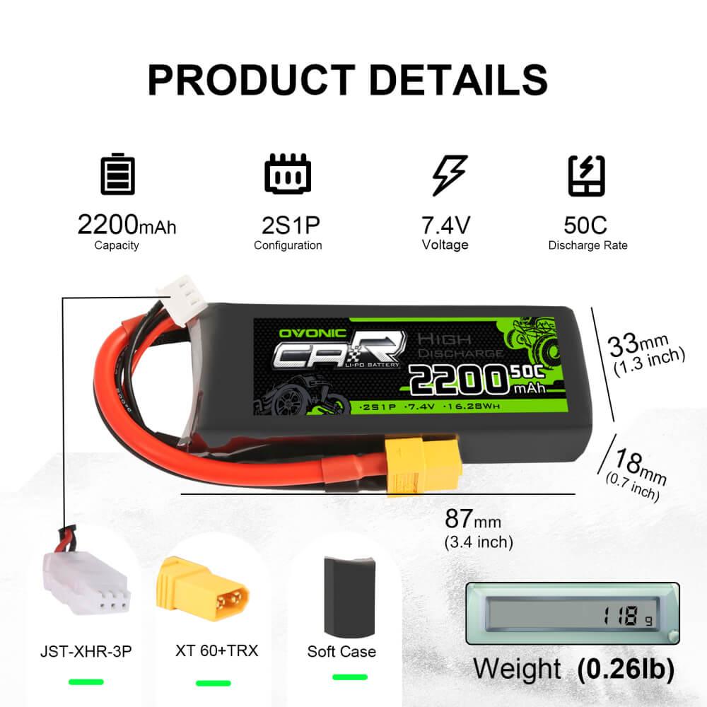 2×OVONIC 7.4V 2200mAh 2S1P 50C Lipo Battery with XT60 & Trx Plug