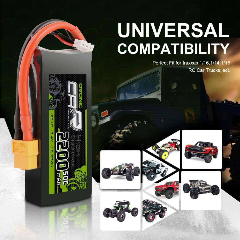 2×OVONIC 7.4V 2200mAh 2S1P 50C Lipo Battery with XT60 & Trx Plug