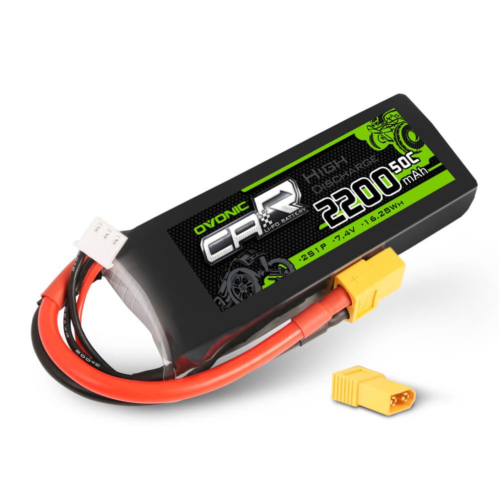 2×OVONIC 7.4V 2200mAh 2S1P 50C Lipo Battery with XT60 & Trx Plug for 1/10 RC car