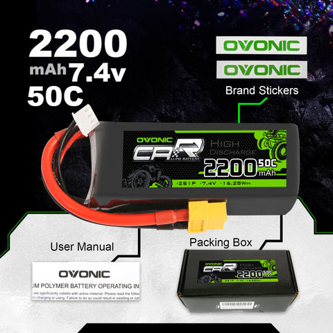 Ovonic 7.4V 2200mAh 2S1P 50C Lipo Battery with XT60 & Trx Plug for RC