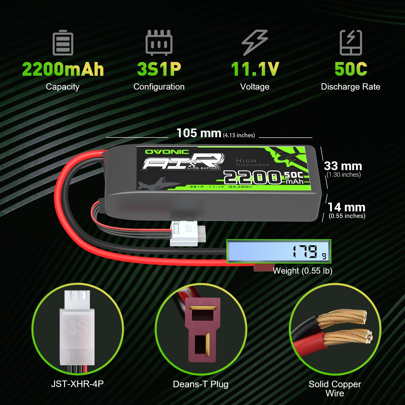 OVONIC 3S 50C 11.1V 2200mAh LiPo Battery Pack With Deans T Plug