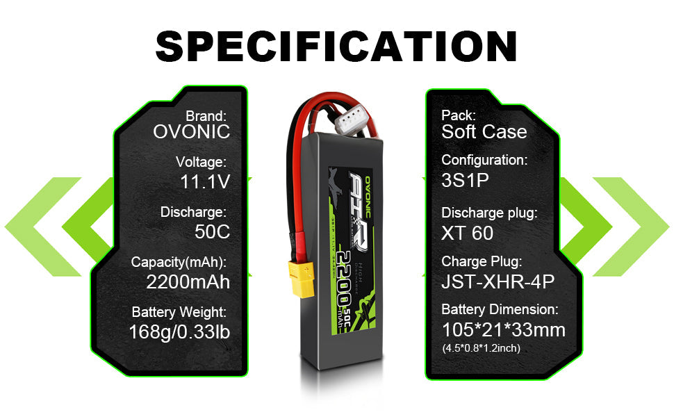 2×Ovonic 3S LiPo Battery 2200mAh 50C 11.1V with XT60 Plug for 1100mm-1500mm RC Plane