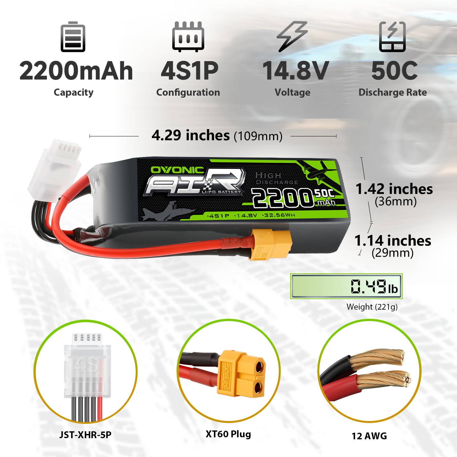 OVONIC 2200mAh 14.8V 50C 4S Lipo Battery with XT60 Plug