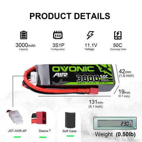 2×Ovonic 3000mAh 3S 50C Lipo Battery 11.1V Long with T Plug for Aircraft