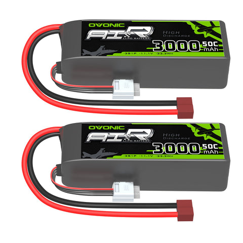 2×Ovonic 3000mAh 3S 50C Lipo Battery 11.1V Long with T Plug for Aircraft