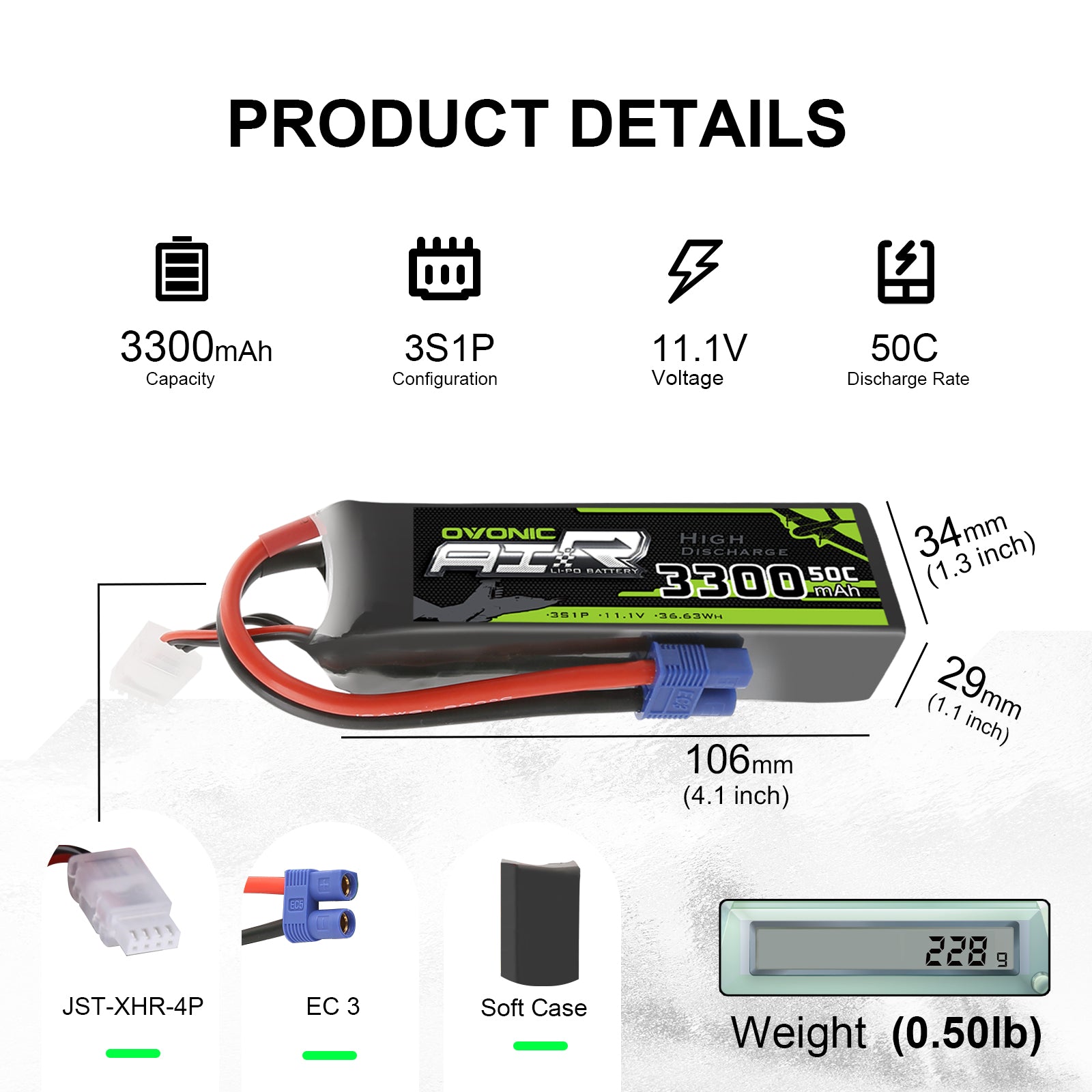 Ovonic 3300mah 11.1V 50C 3S LiPo Battery Pack with EC3 Plug