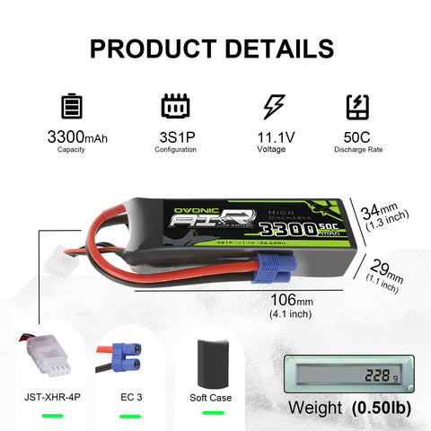 Ovonic 3300mah 11.1V 50C 3S LiPo Battery Pack with EC3 Plug