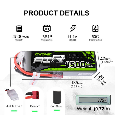 2×OVONIC 3S Lipo Battery 4500mAh 50C 11.1V with Deans Plug for drone