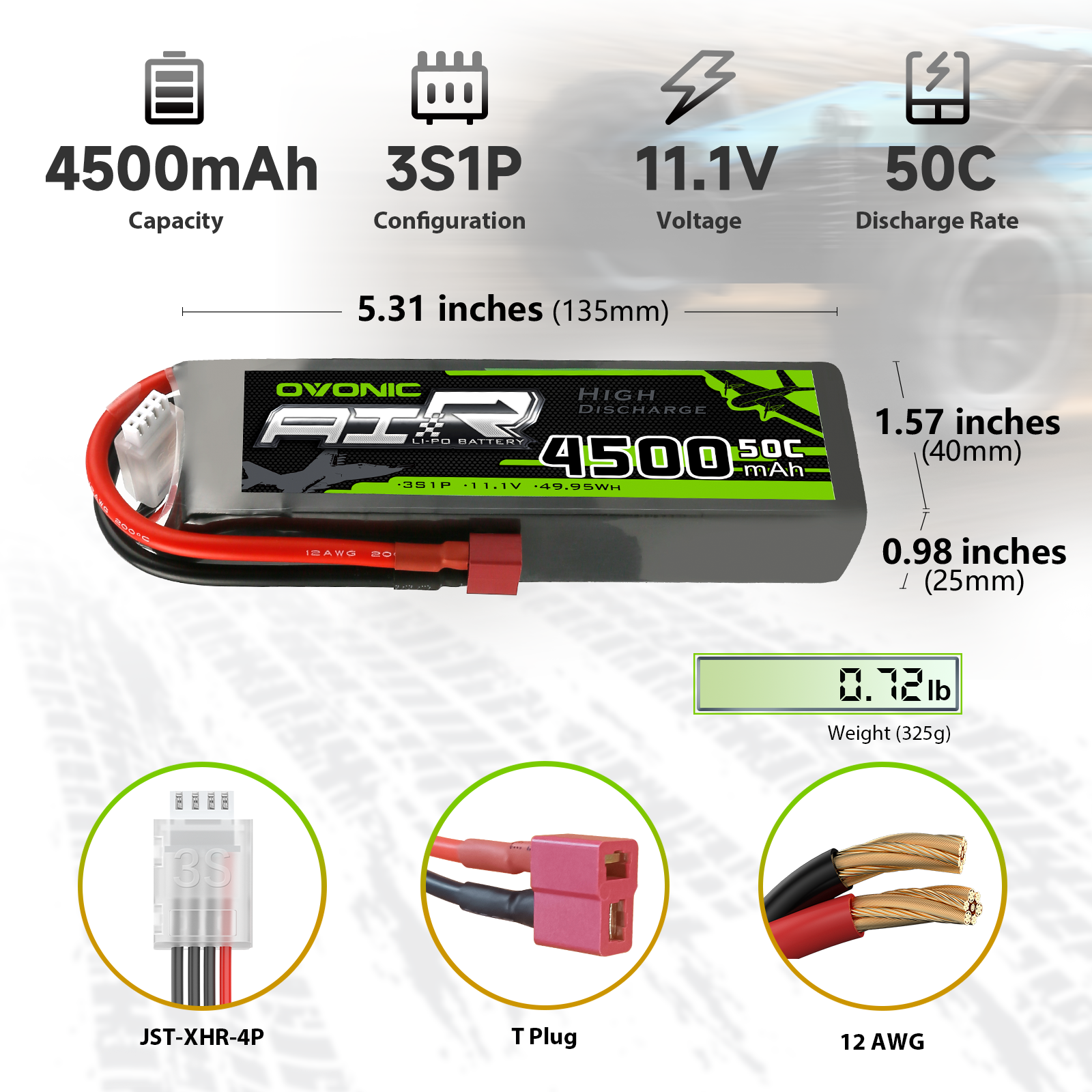 OVONIC 3S Lipo Battery 4500mAh 50C 11.1V with Deans Plug