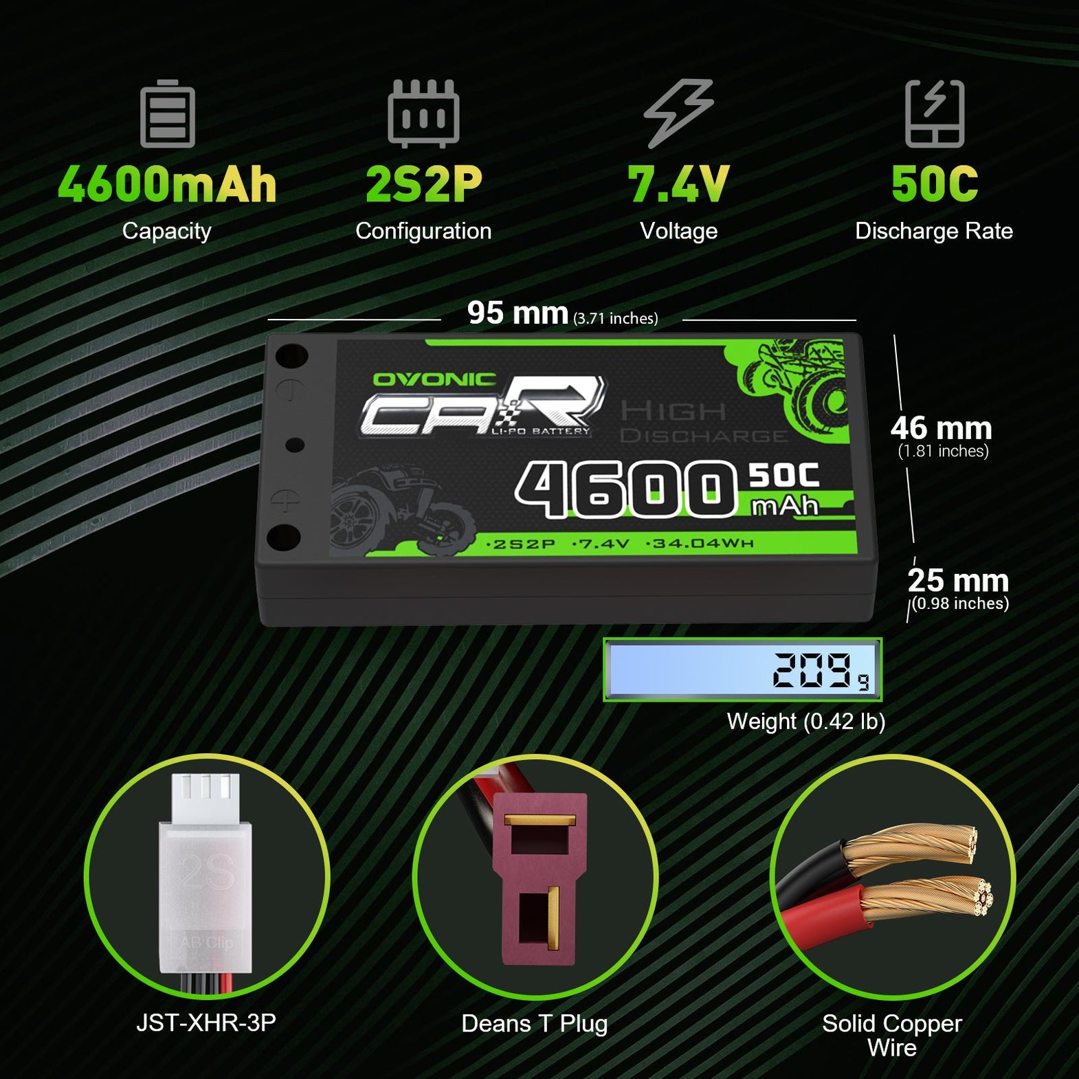 OVONIC Batería LiPo 2S 5200mAh 50C 7.4V Con Conector EC5 Para Coche RC 1/10 – Pack De 2 Unidades