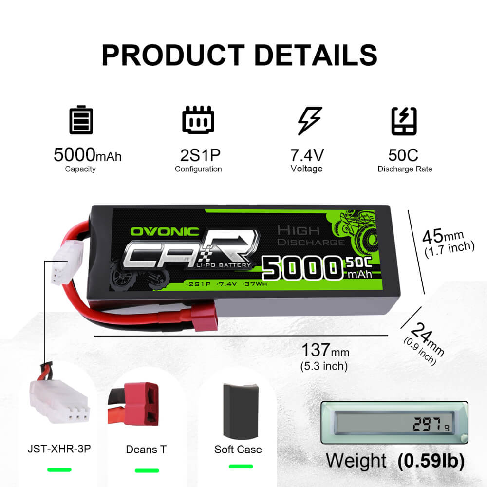 OVONIC 2S LiPo Battery Pack 5000mAh 50C 7.4V HardCase for HPI RC