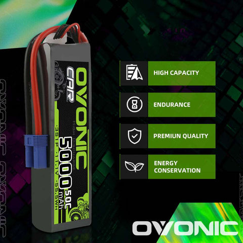 Ovonic 3S 5000mAh 50C 11.1V LiPo Battery Pack With EC5 Plug for 3s& 6s ARRMA Car - Ampow