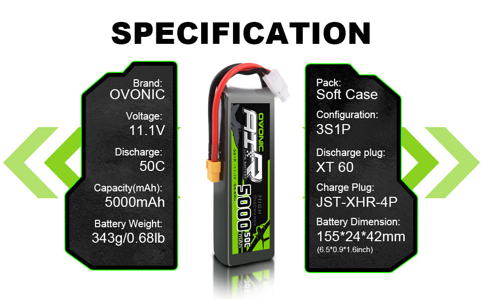 OVONIC 11.1V 3S 5000mAh 50C Lipo Battery for Slash/E-Revo/UDR/X-Maxx-XT60 Plug