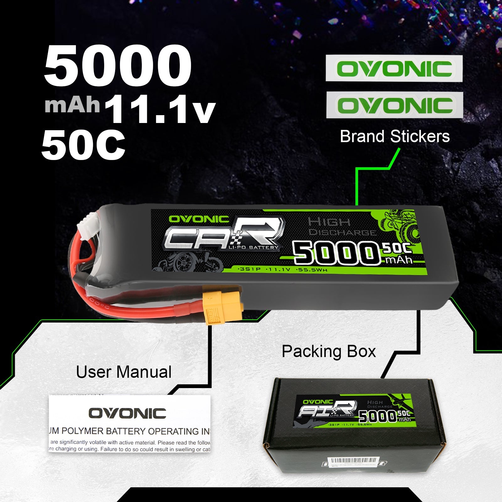 OVONIC 11.1V 3S 5000mAh 50C Lipo Battery for Slash/E-Revo/UDR/X-Maxx-XT60 Plug