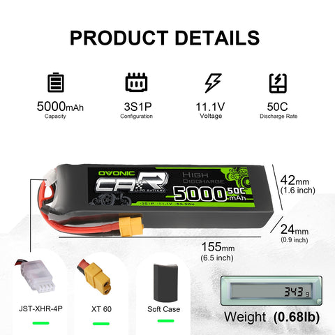 OVONIC 11.1V 3S 5000mAh 50C Lipo Battery for Slash/E-Revo/UDR/X-Maxx-XT60 Plug