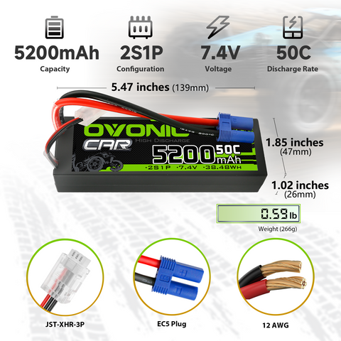 Ovonic 5200mAh 50C 7.4V 2S Hardcase LiPo Battery with EC5 Plug