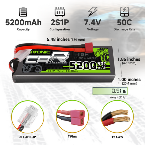 2 x OVONIC 2s 50C 5200mAh 7.4V Hardcase Lipo Battery with Dean-T Connector & Lipo Voltage Checker for 1/10 scale Car Truck Boat RC Vehicles