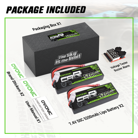 2 x OVONIC 2s 50C 5200mAh 7.4V Hardcase Lipo Battery with Dean-T Connector & Lipo Voltage Checker for 1/10 scale Car Truck Boat RC Vehicles