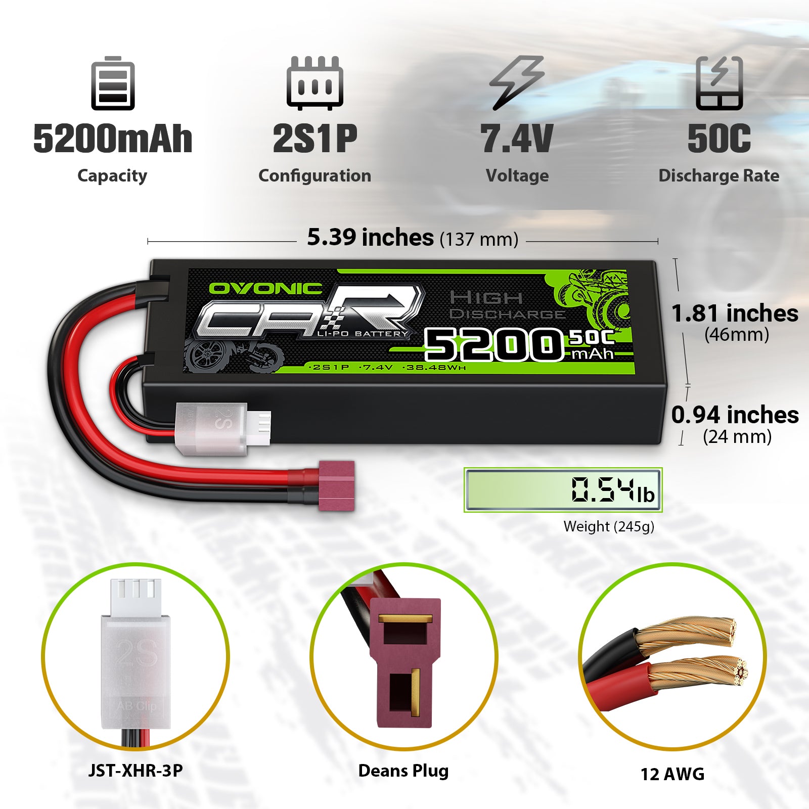 2×Ovonic 2S LiPo Battery 5200mAh 50C 7.4V Hard Case with T Plug for 1/10 &1/8 RC cars RC Monster Truck