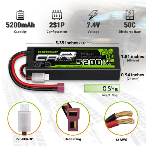 2×Ovonic 2S LiPo Battery 5200mAh 50C 7.4V Hard Case with T Plug for 1/10 &1/8 RC cars RC Monster Truck