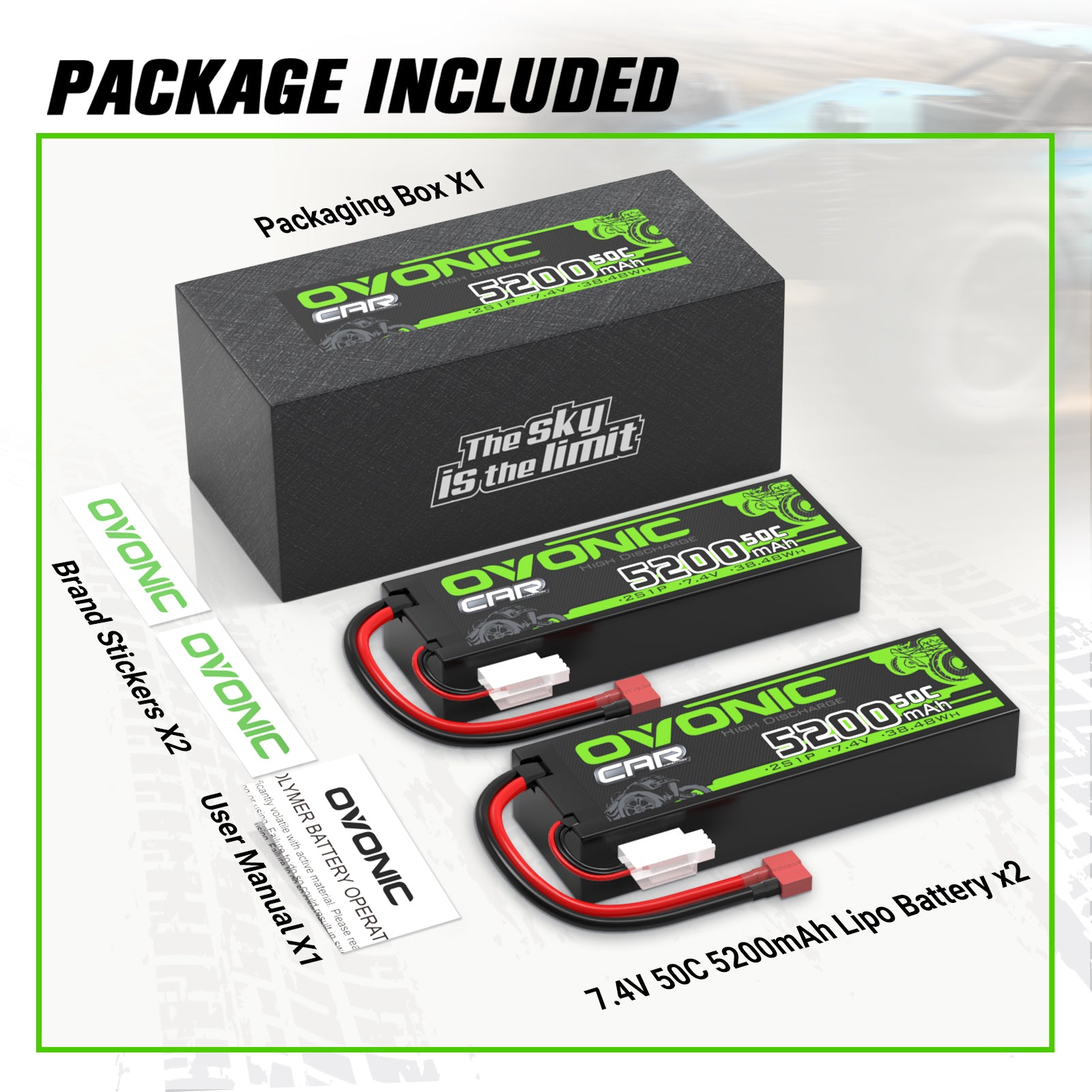 2×Ovonic 2S LiPo Battery 5200mAh 50C 7.4V Hard Case with T Plug for 1/10 &1/8 RC cars RC Monster Truck