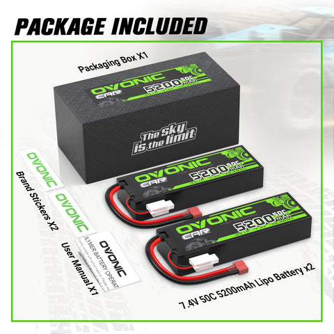 2×Ovonic 2S LiPo Battery 5200mAh 50C 7.4V Hard Case with T Plug for 1/10 &1/8 RC cars RC Monster Truck