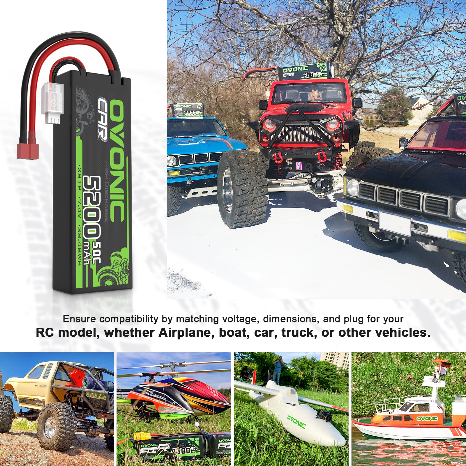 2×Ovonic 2S LiPo Battery 5200mAh 50C 7.4V Hard Case with T Plug for 1/10 &1/8 RC cars RC Monster Truck