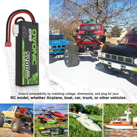 2×Ovonic 2S LiPo Battery 5200mAh 50C 7.4V Hard Case with T Plug for 1/10 &1/8 RC cars RC Monster Truck