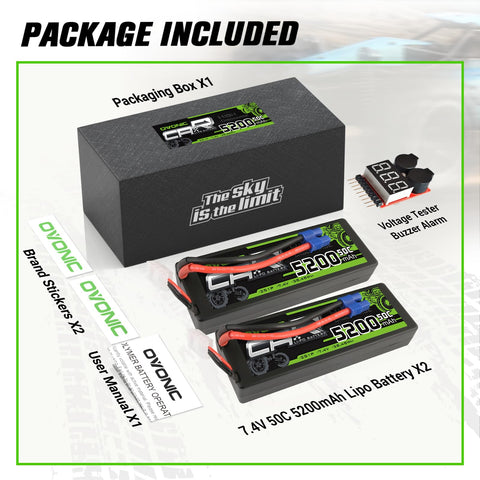 2 x OVONIC Lipo Battery 5200mAh 50C 7.4V 2S RC Battery with EC3 Connector & Lipo Voltage Checker