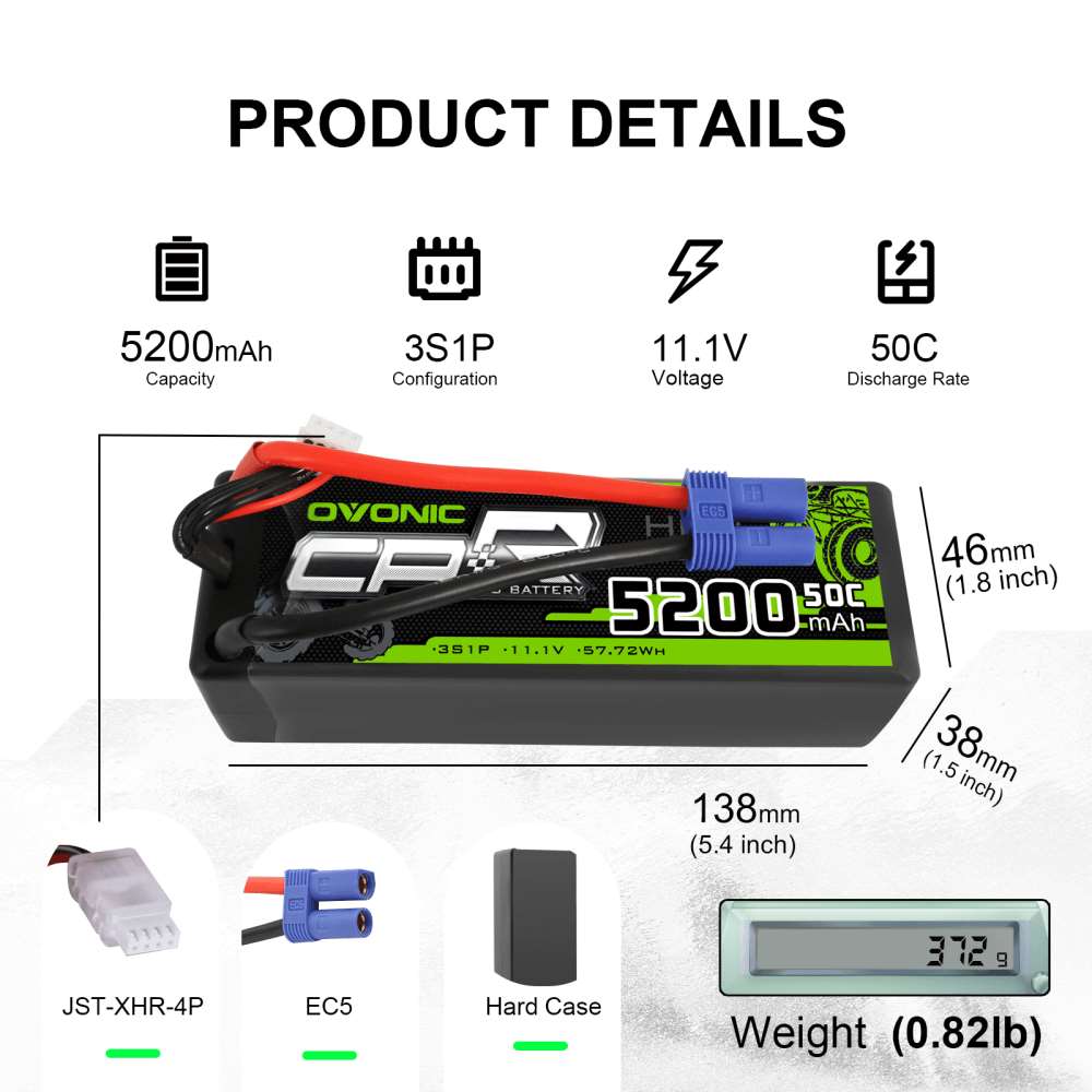 Ovonic 5200mAh 3S Lipo Battery 11.1V 50C Hardcase with EC5 Plug for Arrma Typhon 3S