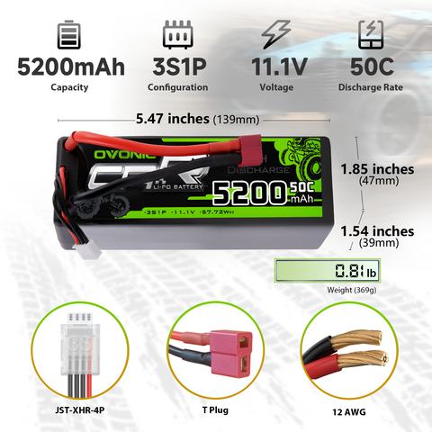 OVONIC 11.1V 5200mAh 3S1P 50C Hardcase Lipo Battery 13# with Deans Plug