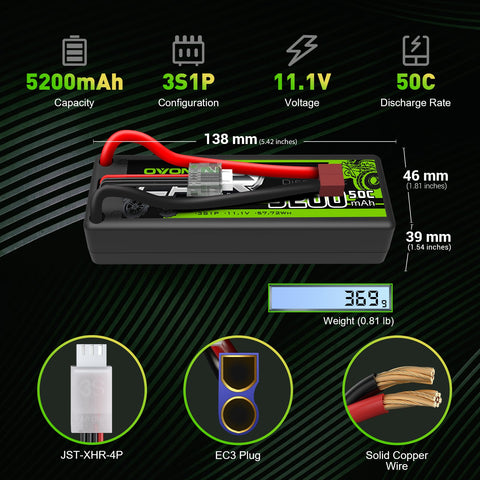 OVONIC 11.1V 5200mAh 3S1P 50C Hardcase Lipo Battery 13# with Deans Plug for RC Car Trucks