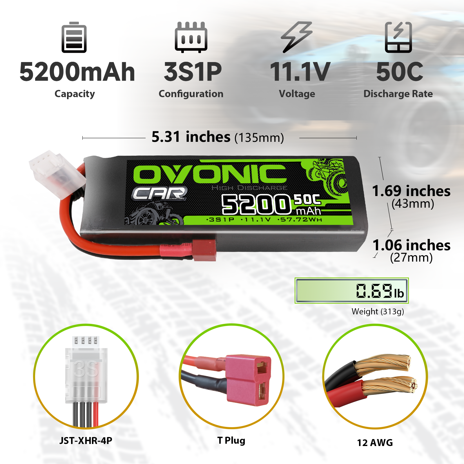 Ovonic 50C 5200mAh 11.1V 3S LiPo Battery with XT60 Plug for 1/10scale RC Car