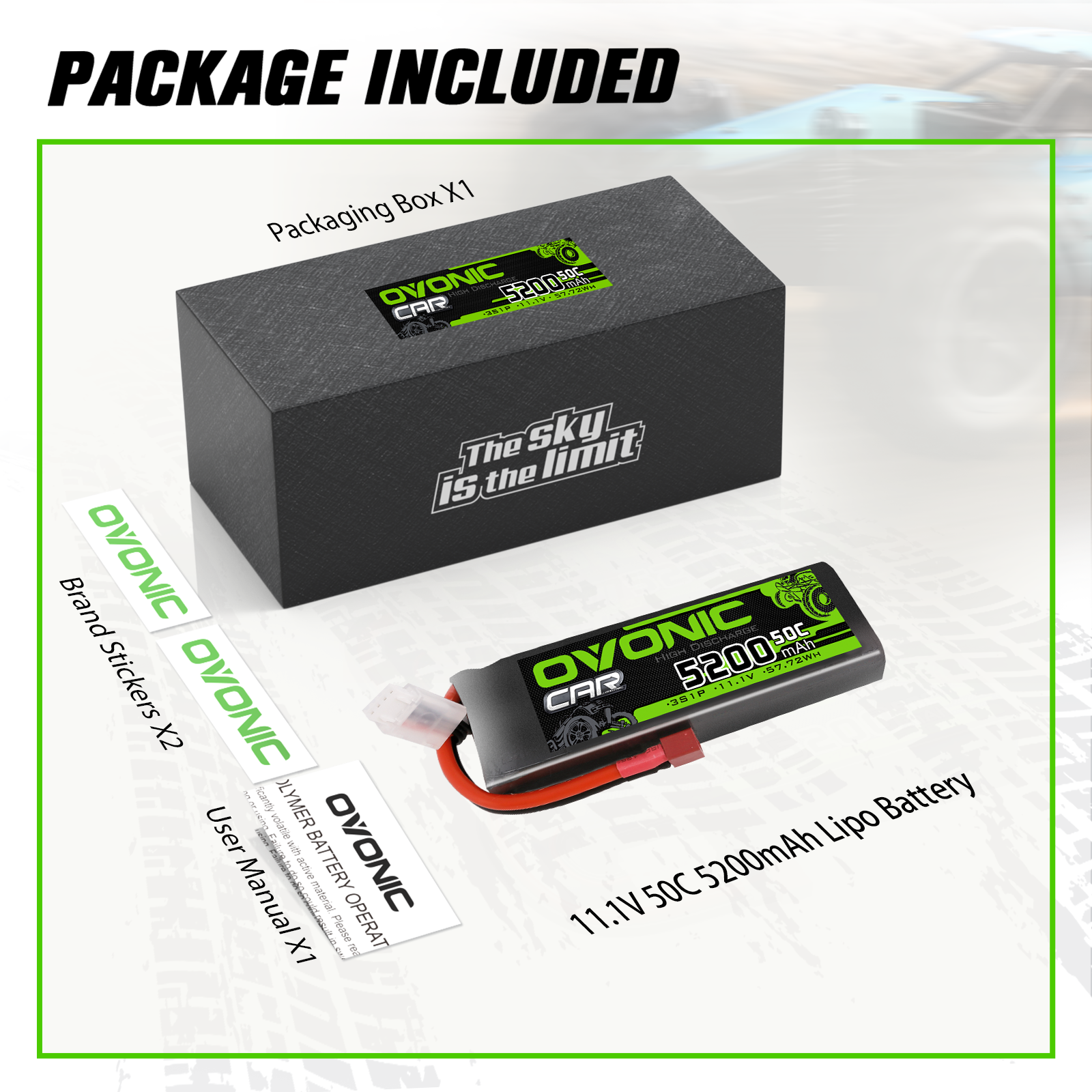 Ovonic 50C 5200mAh 11.1V 3S LiPo Battery with XT60 Plug for 1/10scale RC Car