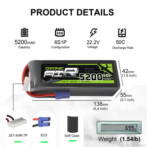 2 × OVONIC 6S 50C 22.2V 5200mAh LiPo Battery Pack With EC5 Plug for RC Plane DJI Quadcopter RC Airplane RC Helicopter RC Car Truck Boat