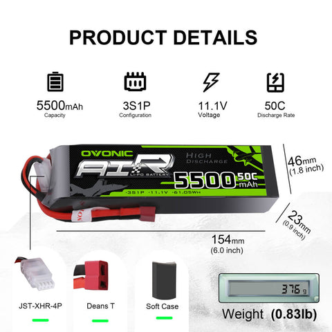 OVONIC 3S LiPo Battery Pack 5500mAh 50C 11.1V with Deans Plug for 1/8 Arrma RC Car