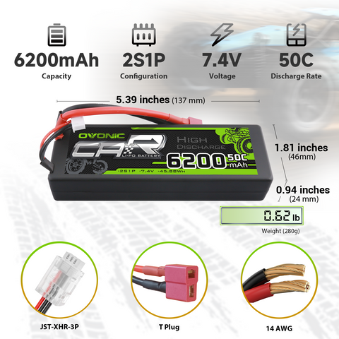 Ovonic 2S Lipo Battery 6200mah 2S1P 50C 7.4V Hard Case with Deans Plug