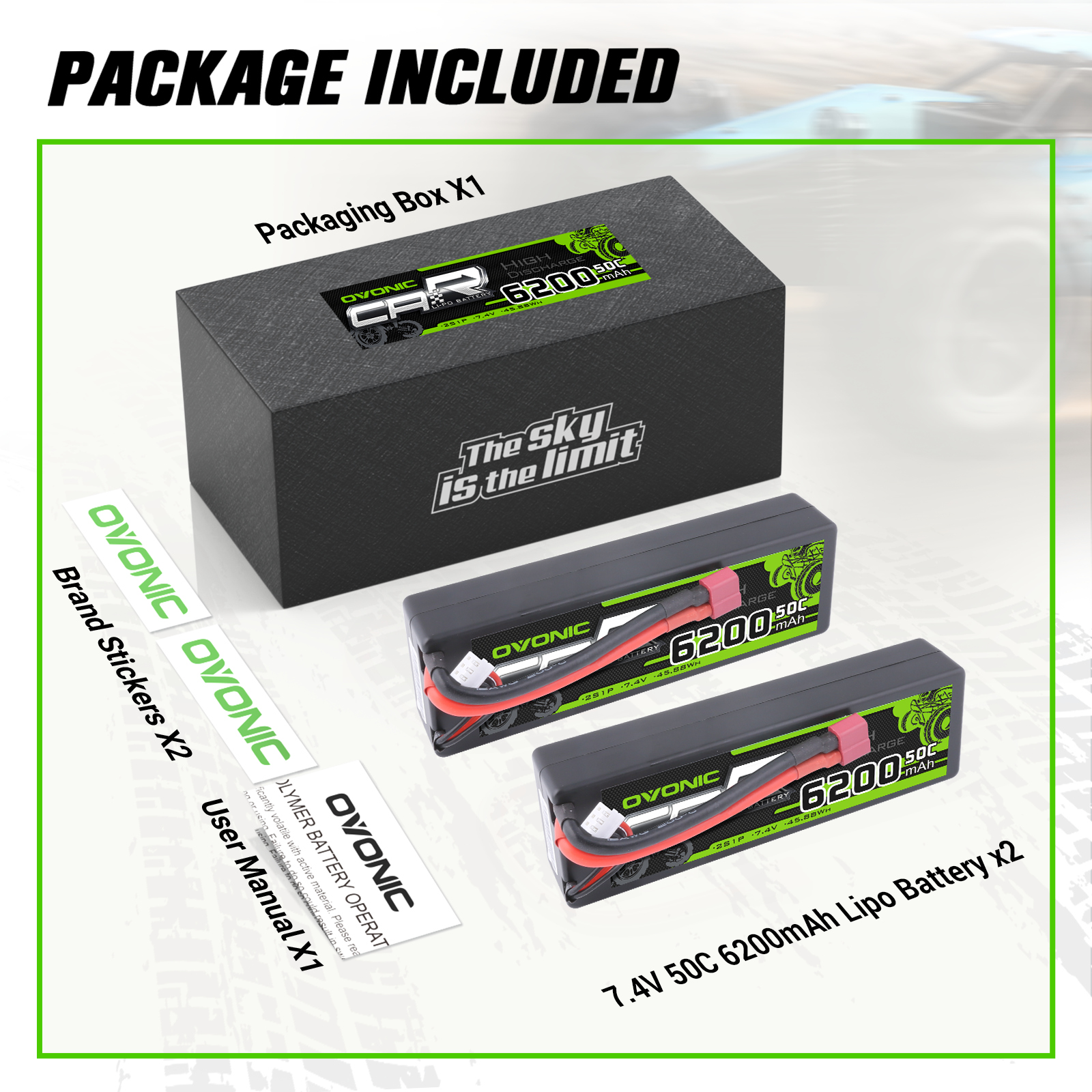 Ovonic 2S Lipo Battery 6200mah 2S1P 50C 7.4V Hard Case with Deans Plug