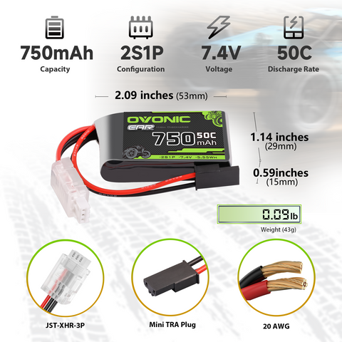 2×Ovonic 2S Lipo Battery 750mAh 2S1P 50C 7.4V With XT60 to TRA Connector for 1/18 Monster Truck RC Car Trucks