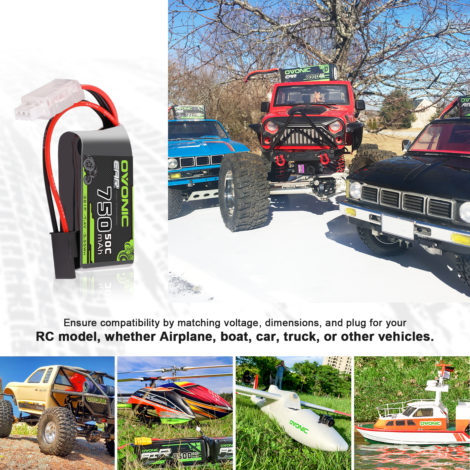 2×Ovonic 2S Lipo Battery 750mAh 2S1P 50C 7.4V With XT60 to TRA Connector for 1/18 Monster Truck RC Car Trucks