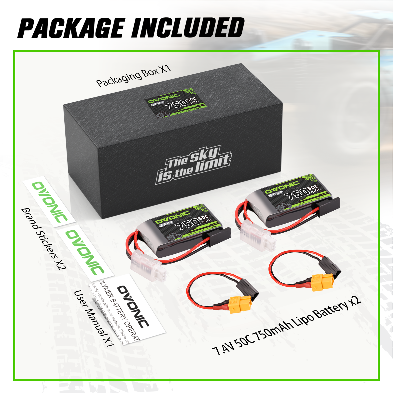 2×Ovonic 2S Lipo Battery 750mAh 2S1P 50C 7.4V With XT60 to TRA Connector for 1/18 Monster Truck RC Car Trucks