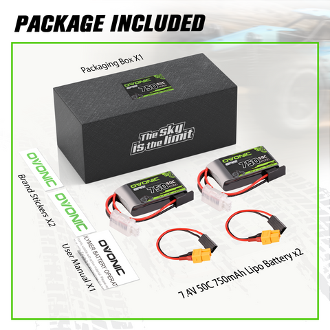 2×Ovonic 2S Lipo Battery 750mAh 2S1P 50C 7.4V With XT60 to TRA Connector for 1/18 Monster Truck RC Car Trucks