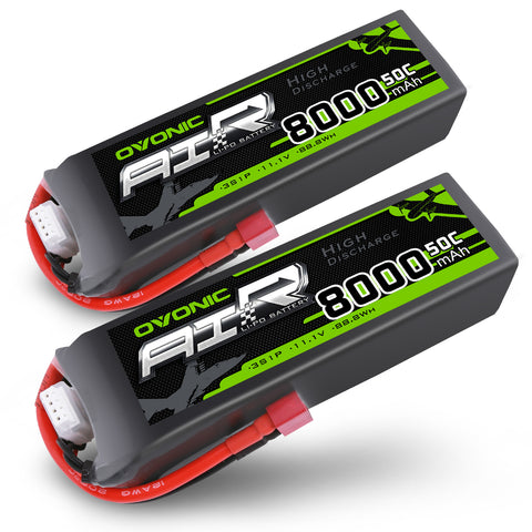 2× Ovonic 3S 8000mAh 50C 11.1V LiPo Battery with Deans Plug for 1/10 & 1/8 RC Cars, Trucks & Buggies