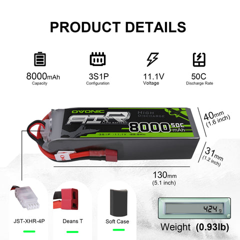 2× Ovonic 3S 8000mAh 50C 11.1V LiPo Battery with Deans Plug for 1/10 & 1/8 RC Cars, Trucks & Buggies