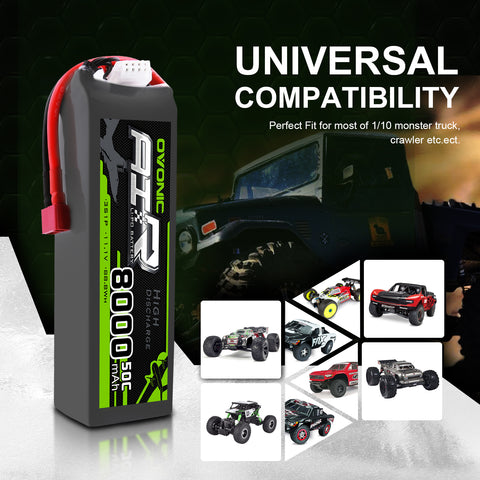 2× Ovonic 3S 8000mAh 50C 11.1V LiPo Battery with Deans Plug for 1/10 & 1/8 RC Cars, Trucks & Buggies