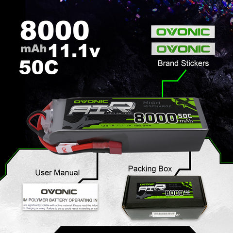 2× Ovonic 3S 8000mAh 50C 11.1V LiPo Battery with Deans Plug for 1/10 & 1/8 RC Cars, Trucks & Buggies